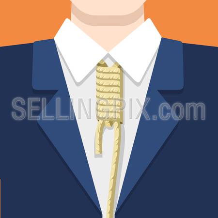 Businessman in suit shirt and rope tie on orange background. Business concept vector flat style illustration. Node shackles on man’s neck.