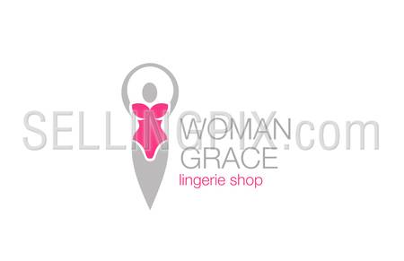 Woman grace fitness diet logo design vector template. Ballet dancer.
Lingerie shop logotype. Female Underwear concept icon.