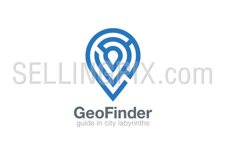 Labyrinth Logo Geo point navigation vector design template. Location Pin map symbol as labirinth logotype. Maze shape geographic icon