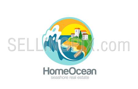 Villa on Sea Ocean Logo Travel design vector template.
Resort Logotype. Adventure trip icon. Real Estate concept.