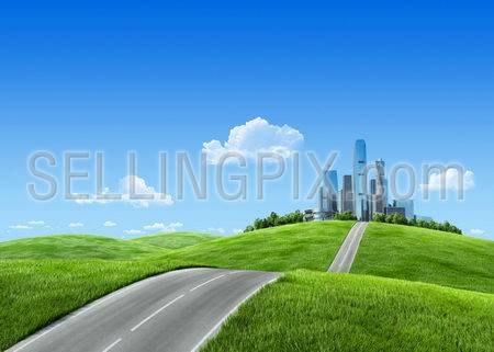 Cityscape on green grass and blue sky. Business city on the horizon.Urban Road to big city. Extremely high detailed quality render. Copyspace.Green landscapes collection.