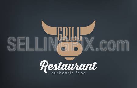 Logo Beef Grill BBQ restaurant bar design vector template.
Barbecue Logotype Cow Head icon silhouette concept.