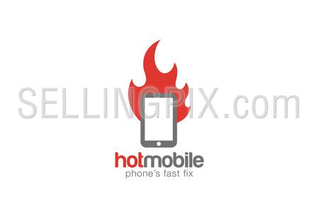 Fire flame & Mobile Phone repair fix logo design concept vector template.
Smartphone repairing service logotype icon.