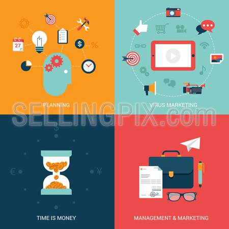 Flat design vector illustration concept process icons set of modern planning brainstorming virus marketing time is money hourglass management. New trend workflow. Big flat processes collection.