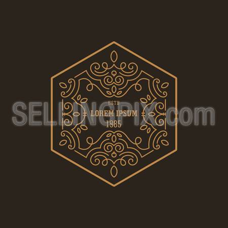 Vintage Luxury Logo design hexagon shape template flourish calligraphic elegant. 
Business logotype emblem, identity for Boutique ,Restaurant, Heraldic, Jewelry, Fashion illustration lineart style.
