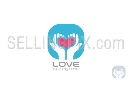 Hands holding Heart Logo design vector template.
Take my Heart Logotype. Valentine day Love concept icon.