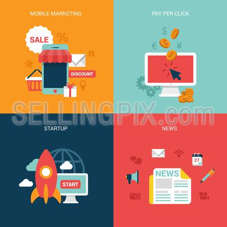 Flat design vector illustration concept process icons set of modern mobile marketing pay per click startup business news. Big flat processes collection.