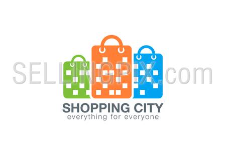 Shopping Mall Logo design vector template.
Shopping Bags as Buildings silhouettes Logotype concept icon.