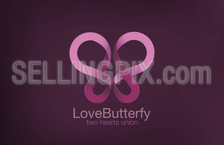 Butterfly Logo two Hearts crossing design vector template.
Love concept logotype. Romantic Sex icon.