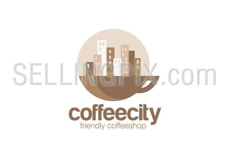 Coffeehouse Logo design circle vector template.
Cityscape on Sunrise over cup of coffee concept logotype idea.