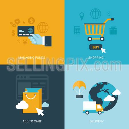Flat design vector illustration concept process icons set of online sale shopping delivery internet trade. Shopping carts, payments, global delivery. Big flat processes collection.