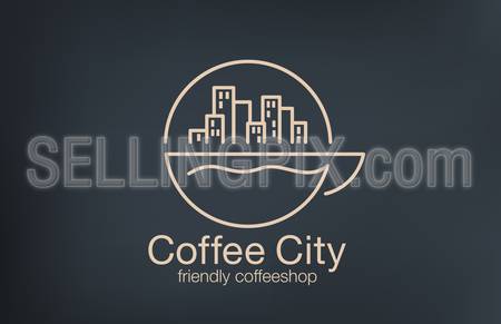 Coffee shop Logo design lineart vector template.
Cityscape on Sunrise over cup of coffee concept logotype idea.