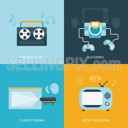 Flat design vector illustration concept retro vintage set of electronics and entertainment. Reel tape player, old game console, classic projection cinema, retro television tv set. Big flat collection.