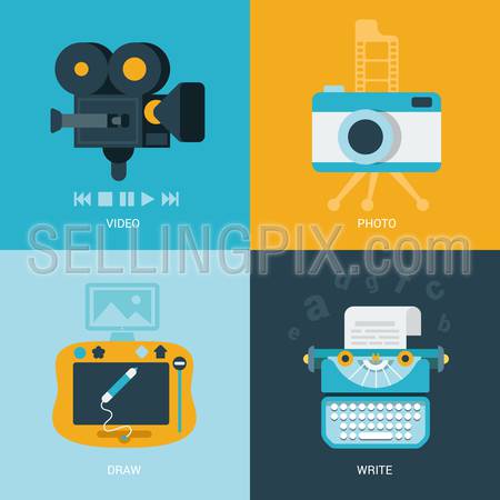 Flat design vector illustration concept retro vintage set of electronics and entertainment. Camera, draw pad, typewriter. Big flat processes collection.