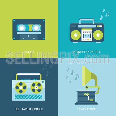 Flat design vector illustration concept retro vintage set of electronics and entertainment. Casette, press play on tape, reel tape recorder, gramophone. Big flat processes collection.