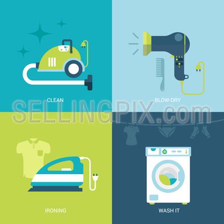 Flat design vector illustration concept set of electronics and entertainment icons. Vacuum cleaner, blow hair dryer, iron, washing machine. Big flat collection.