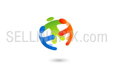 Social Team work Sphere Logo design vector template with abstract characters.
People holding hands: Friendship, Partnership, Cooperation, Family logotype concept icon.