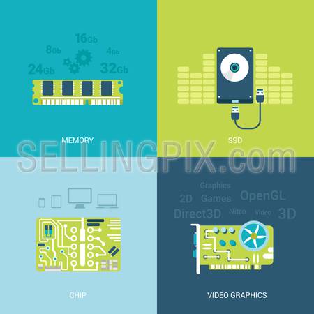 Flat design vector illustration concept computer spare parts electronics. Memory chips, ssd, hdd, video card graphics. Big flat icons collection.