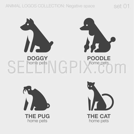 Home pets Animals Logos negative space style design vector templates.
Abstract dog, poodle, pug, cat silhouettes logotype concept icons set.