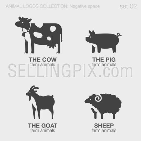 Farm Animals Logos negative space style design vector templates.
Cow, pig, goat, sheep silhouettes logotype concept icons set.