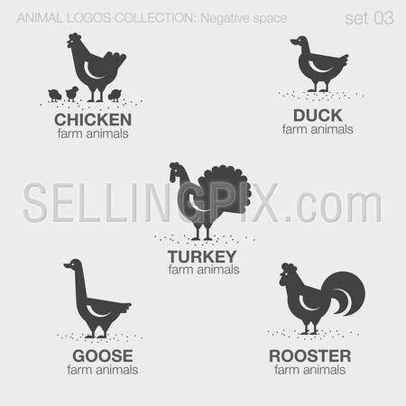 Farm Animals Logos negative space style design vector templates.
Chicken, Duck, Turkey, Goose, Rooster silhouettes logotype concept icons set.