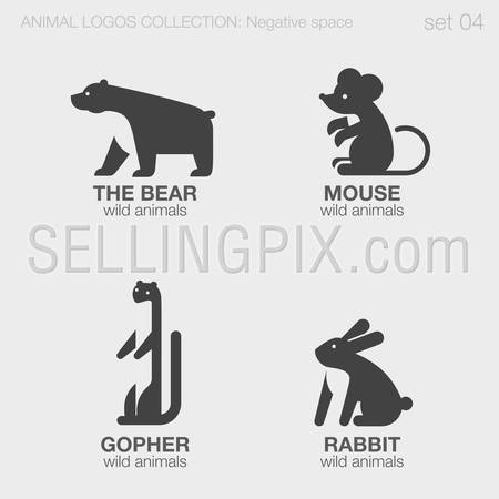 Wild Animals Logos negative space style design vector templates.
Bear, Mouse, Gopher, Rabbit silhouettes logotype concept icons set.