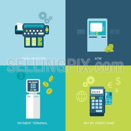Flat design vector illustration concept bank finance electronic devices. Cash register, ATM, payment terminal, mobile payout. Big flat objects icons collection.