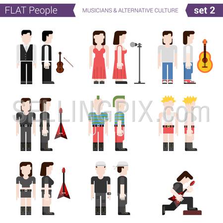 Flat style design people vector icon set. Music singers, performers, rock, punk culture, alternative. Flat people collection.