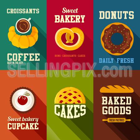 Bakery sweets retro style banners vector design templates set. 
Coffee shop, Donut, Cupcake, Cake, Bread icons collection.