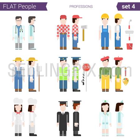 Flat style design professional people vector icon set. Professions doctor, miner, carpenter, farmer, road police, traffic, painter, graduate, cook, plumber. Flat people collection.