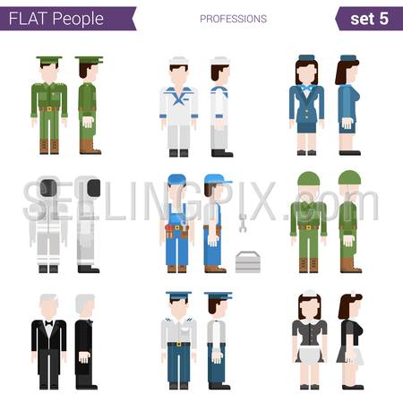Flat style design professional people vector icon set. Professtions military, soldier, sailor, stewardess, hostess, builder, spaceman, conductor, waitress. Flat people collection.