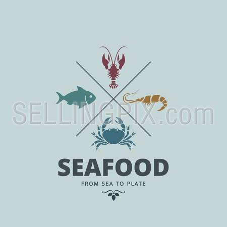 Logo Seafood Retro Vintage Label design vector template. Crab, Lobster, Shrimp, Fish icons for Restaurant Logotype.