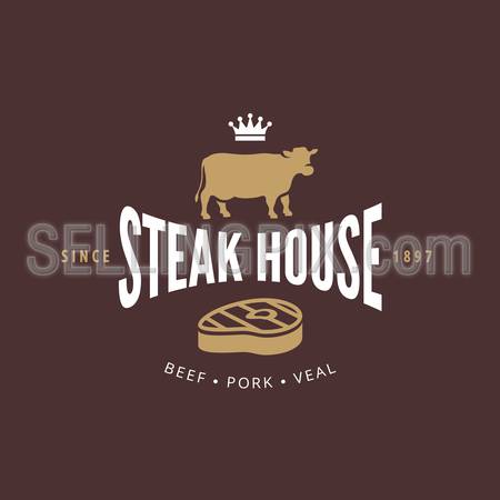 Logo Cow Beef Steak House Retro Vintage Label design vector template.
BBQ Grill Restaurant Bar Logotype Menu concept icon.