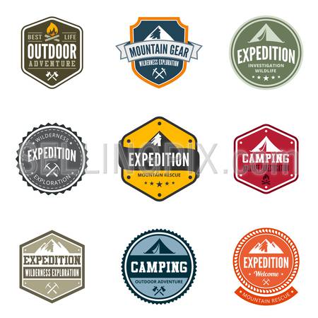 Adventure Tourism Travel Logo Vintage Labels design vector templates.
Exploration Camping Badges Retro style logotype concept icons set.