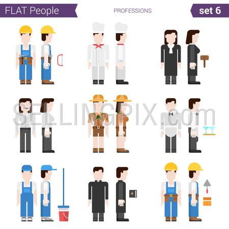 Flat style design professional people vector icon set. Professions carpenter, cook, judge, constructor, cowgirl, waiter, cleaner, priest. Flat people collection.