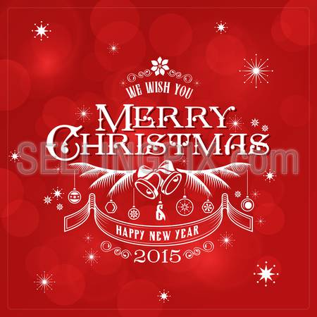 Merry Christmas Typography Lettering Retro Vintage Label Design Greeting Card on Red Holiday background. Happy New Year Happy Holidays Template. 2015, Bell, snowflakes, christmas balls