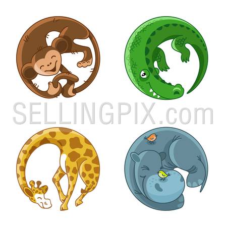 Wild Africa Animals circle cartoon vector icons such as logo.
Monkey, Crocodile, Giraffe, Hippo creative design illustration circle stickers.