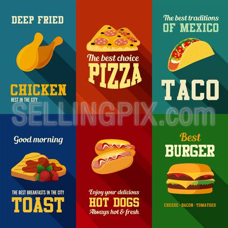 Fastfood retro style banners vector design templates set. 
Chicken, Pizza, Taco, Toast, Hot Dog, Burger icons collection.