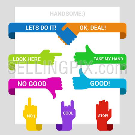 Hands symbols pointers design elements vector templates.
Handshake, Like, Good, Touch, Stop signs etc. Editable.