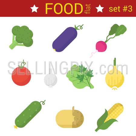 Flat design vegetables vector icon set. Raddish, corn, potato, garlic, carrot, tomato, cucumber, eggplant, cabbage, bell pepper. Food collection.