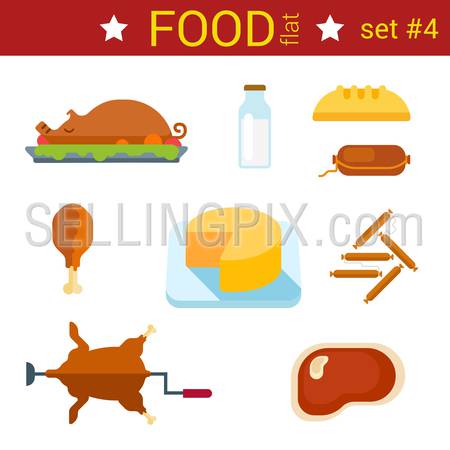 Flat design food vector icon set. Pig grilled, milk, saussage, cheese, chicken, bread, grill and baked. Food collection.
