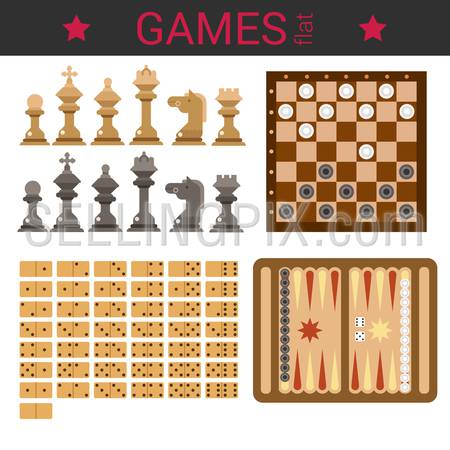 Flat design vector board game template vector icon set. Chess figures, checkers, domino, backgammon. Flat games collection.
