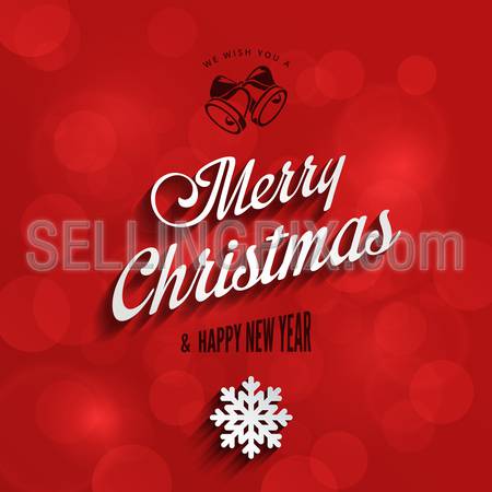 Merry Christmas & Happy New Year Typography Lettering Vintage Design Greeting Card on Red Holiday background. 
Vector illustration Happy Holidays Template with Bell & Snowflake