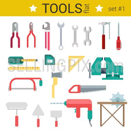 Flat design construction tools vector icon set. Roulette, circular saw, wrench, screwdriver, vise, ax, trowel, drill. Flat objects collection.