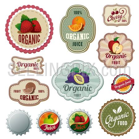 Organic Fresh Fruits Vintage Labels design vector templates.
Drinks, Bar Menu, Shop Natural concept icons.