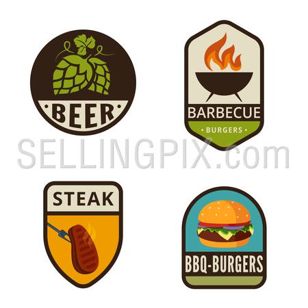 BBQ Grill Vintage Labels vector icon design collection. Shield banner sign.
Barbeque Cooking Logos. Burger, Beer beans, Roaster, Steak flat icons.
