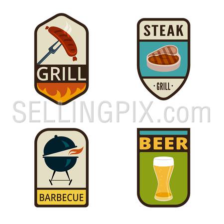 BBQ Grill Vintage Labels vector icon design collection. Shield banner sign.
Barbeque Cooking Logos. Sausage, Glass of Beer, Roaster, Steak flat icons.