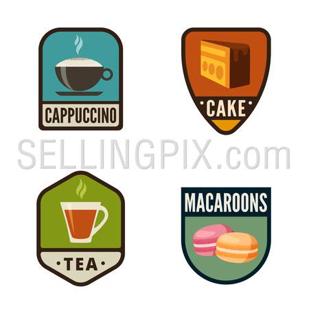 Coffee Candy Shop Vintage Labels vector icon design collection. Shield banner sign.
Bakery Logo. Coffee, Cake, Cookies, Cupcake flat icons.