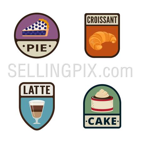Bakery Vintage Labels vector icon design collection. Shield banner sign.
Coffee Shop, Bakery Store Logo. Pie, Croissant, Latte, Cake flat icons.