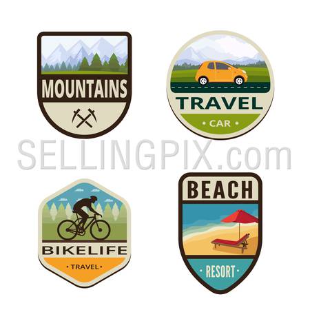 Tourism Vintage Labels vector icon design collection. Shield banner sign.
Travel Logo. Mountains, Car, Bicycle, Beach flat icons.